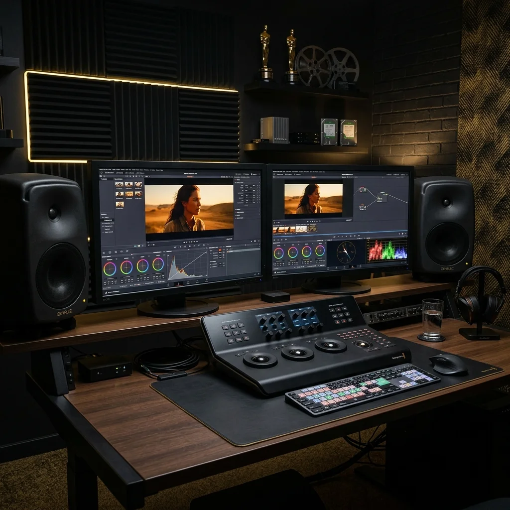 Premium post-production editing suite with dual monitors and color grading software