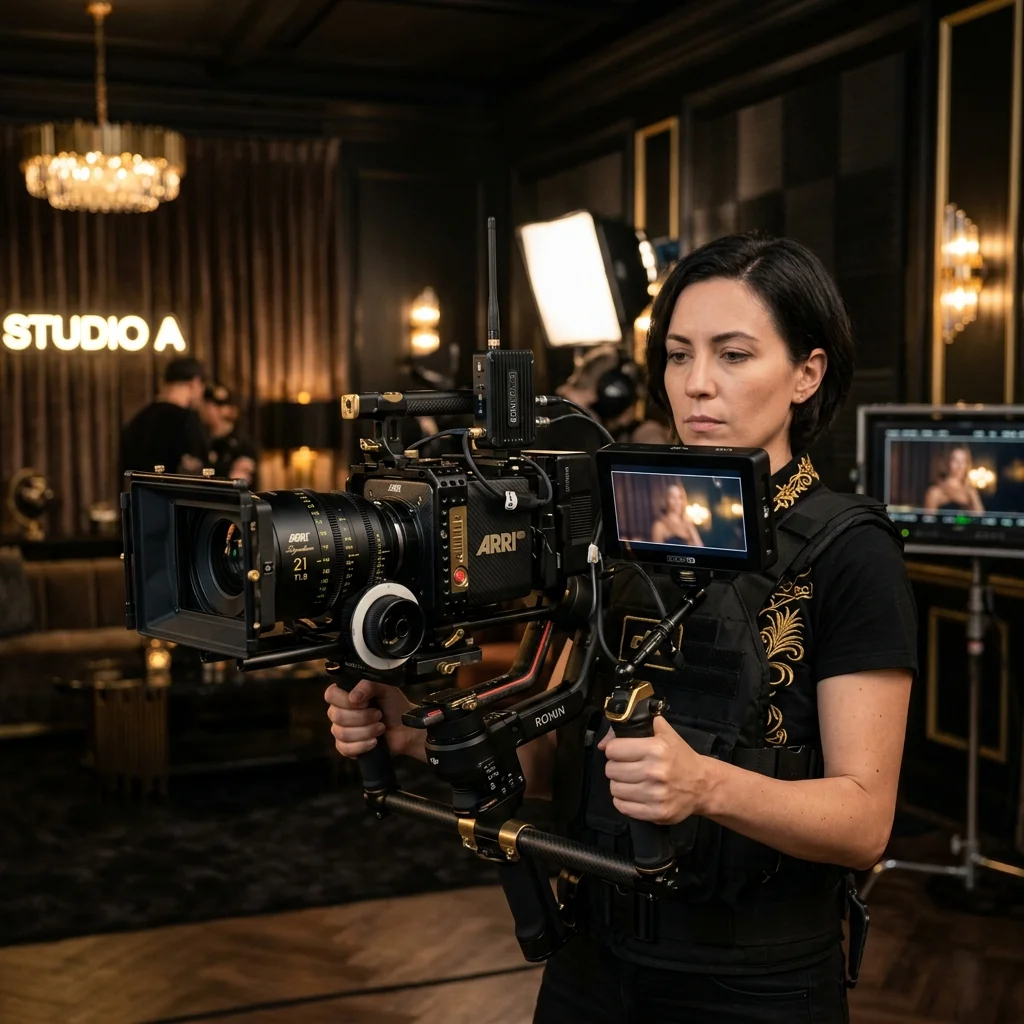 Professional DJI Ronin camera gimbal with mounted cinema camera