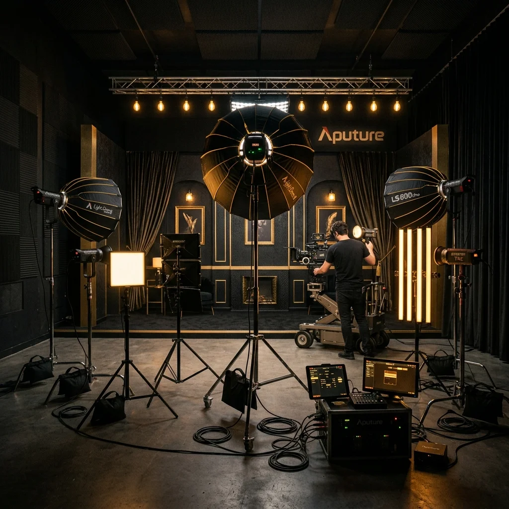 Professional Aputure lighting system with softboxes and LED panels